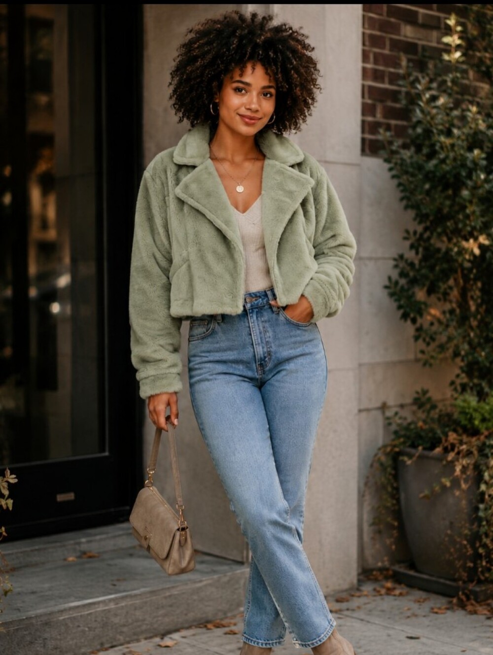 Cropped‎ Moto Jacket Faux Fur Green by OAT New York Size M